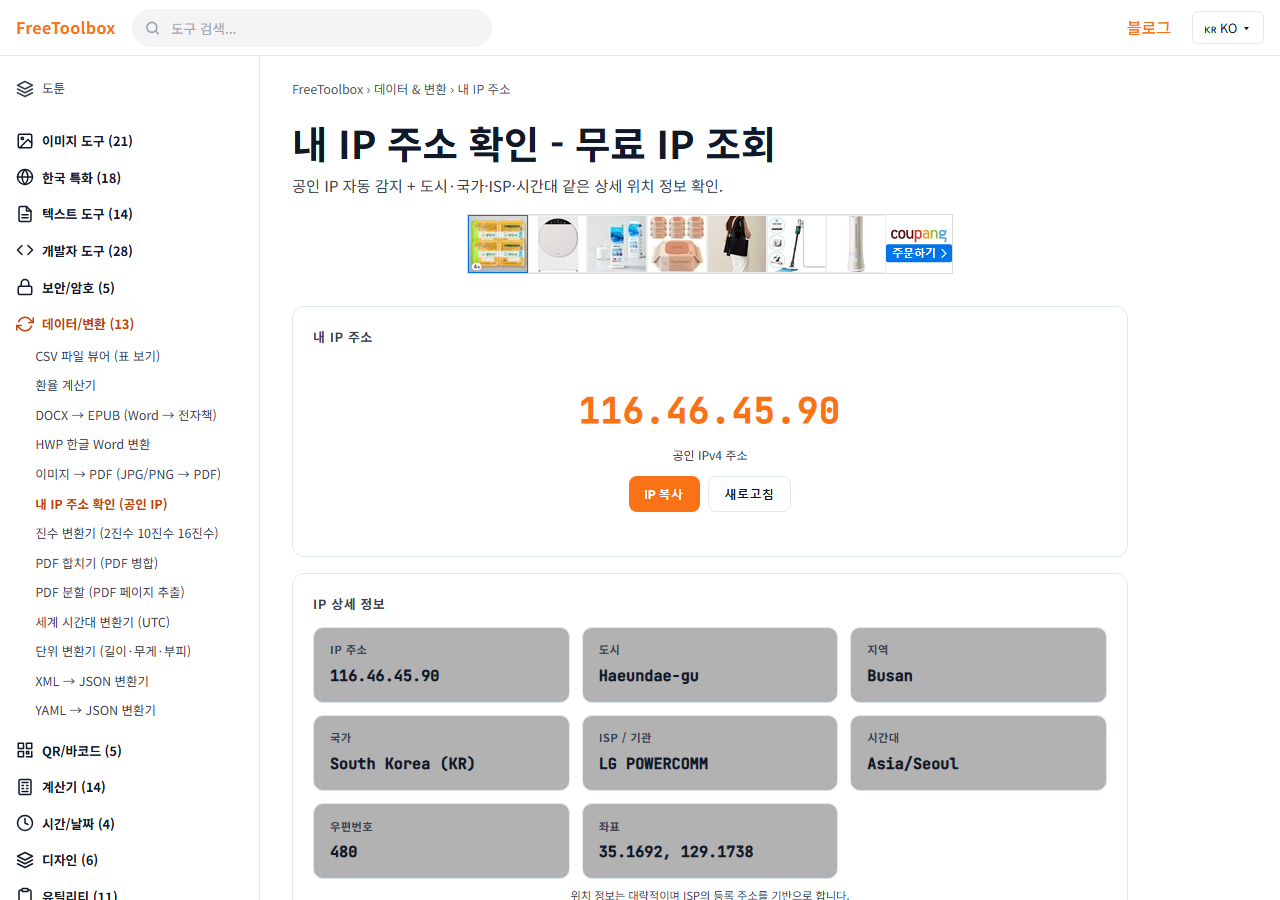 내 IP 주소 확인 (공인 IP) 화면